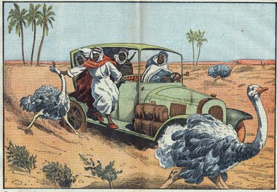 Moderní lov: V arabské poušti movití beduíni vozí mladé Rakušany, aby je chytili živé. Ilustrace Damblans. V „“Le Pelerin“ ze 16. dubna od Eugene Damblans
