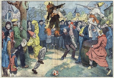 Staré zvyky: kremace „karnevalu“ v Mardi Gras (Mardi-Gras) představuje potěšení a nejdražší opuštěné na prahu Careme. Ilustrace Damblans. V „“Le Pelerin““ ze 16. března od Eugene Damblans