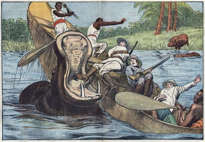 Na Viktoriině jezeře v Africe se loď obsazená anglikánskými misionáři a domorodými obyvateli převrhne zraněným hrochem. Ilustrace Damblans. V „Le Pelerin“ ze 16. května od Eugene Damblans