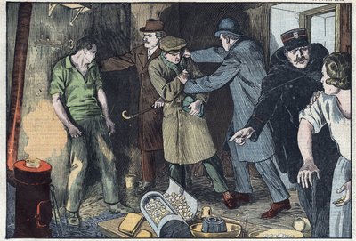 Policie překvapila v Paříži lyžaře, kteří se potopili ve svém kelímku za několik milionů zlatých a stříbrných mincí. Ilustrace Damblans. V „Le Pelerin“ z 28. února od Eugene Damblans