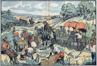 Migrace obyvatelstva v Africe: 2000 Búrů opouští portugalskou kolonii Angola kočárem do úrodnějších oblastí Jižní Afriky. Ilustrace Damblans v „“Le Pelerin““ z 30. září od Eugene Damblans