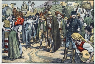 Lupiči zatčení italskou fašistickou policií. Sicílie, Itálie. Ilustrace Damblans. V „Le Pelerin“ ze 14. února od Eugene Damblans