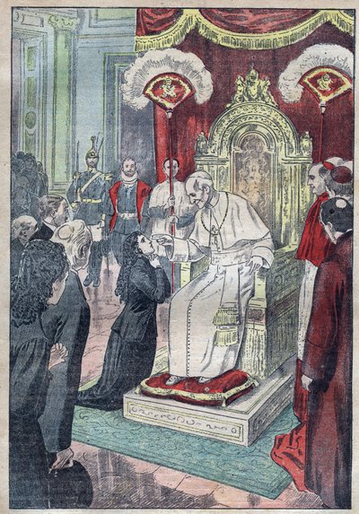 Svatá Terezie od Dítěte Ježíše (nebo Lisieux 1873-1897), stále ještě mladá dívka u nohou papeže Leona XIII., získala vstup na Karmel ve věku patnácti let v roce 1888 - ilustrace Damblans z roku 1923 od Eugene Damblans
