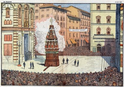 Scoppio del Carro (výbuch vozíku) lidová událost města Florencie - ilustrace Damlans z dubna 1928 od Eugene Damblans