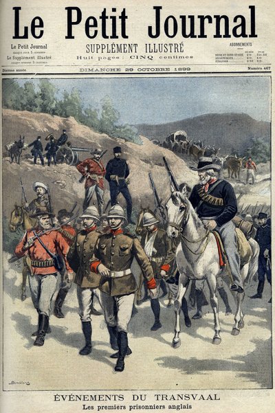 Jižní Afrika - Búrská válka. Transvaalské události. První angličtí zajatci zajatí Búrové. Kresba Damblans. “” Le Petity Journal”, 29. října od Eugene Damblans