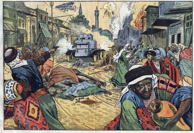 Drúzové (drúzové) vyplenili ulice Damašku (Sýrie) při útoku na město letadly a samopalem (samopalem) francouzských jednotek generála Maurice Sarraila (1856-1929). Ilustrace Damblans. V „Le Pelerin“ z 15. listopadu od Eugene Damblans