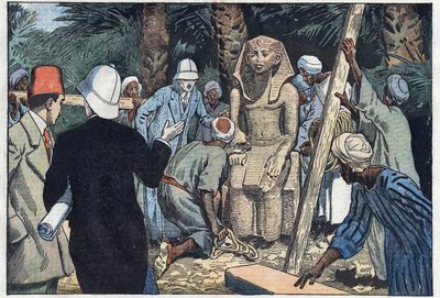 Francouzská archeolgická mise objeví sochu teenagera Sesostris III., který bude přivezen do Louvru. Medamoud, starověké Théby, Egypt. Ilustrace Damblans. V „Le Pelerin“ z 22. listopadu od Eugene Damblans