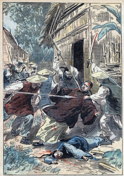 Francouzský kněz Berthollet (1865-1898), kněz zahraničních misí, byl zavražděn čínskými národními strážemi poblíž města Yun Ngan Cheou (Yun-Ngan-Cheou) dne 21. dubna 1898. Ilustrace Damblans v „“ Le Pelerin“ “ ze dne 10. července od Eugene Damblans
