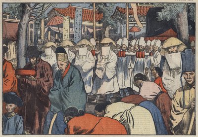 Pohřeb bývalého korejského císaře prince Yi. Jeden může vidět katafalk u dveří paláce v Soulu, zatímco Aigos nebo „Cereers Coreens“ naříkají nad smrtí prince. Soul, Korea. Ilustrace Damblans. V červenci „Le Pelerin“. od Eugene Damblans
