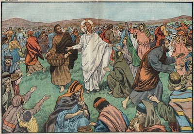 Rozmnožení bochníků: na břehu Tiberiadského jezera Ježíš Kristus (Ježíš Kristus) uspokojil obyvatelstvo rozmnožením pěti bochníků ječmene a dvou ryb. Ilustrace Damblans. V „“Le Pelerin““ z 18. března od Eugene Damblans