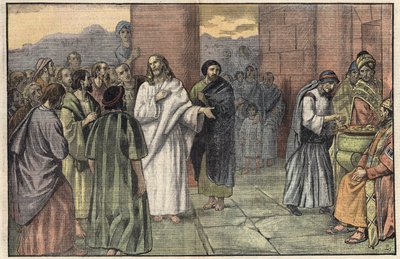 Oběť vdovy. Evangelium podle svatého Marka, kapitola 12, v. 41-44. Ilustrace Damblans. V „“Le Pelerin““ z 28. června od Eugene Damblans
