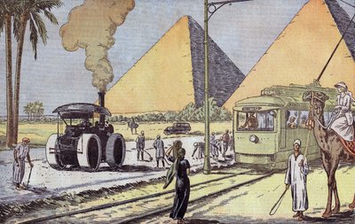 Pohled na pyramidy v Gíze v Egyptě, ilustrace Eugene Damblans z francouzského papíru "Le Pelerin" 1. ledna od Eugene Damblans