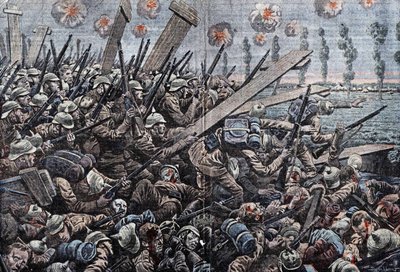 Válka 1914-1918. Fronta Belgie 1914. Němečtí vojáci na Yser. Kresba Damblans. od Eugene Damblans