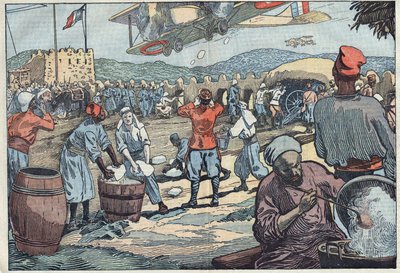 Válka v Maroku: Francouzská letadla dodávají led do obležení srubu disidentskými Maročany. Ilustrace Damblans. V „Le Pelerin“ z 24. května od Eugene Damblans