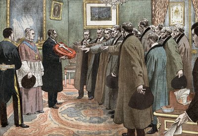 Andorren tasavallan edustajat Urgelin piispan kanssa vannomassa tottelevaisuuden valaa Ranskalle, kuvitus Damblansin paperista "Le Pelerin" 3. toukokuuta od Eugene Damblans