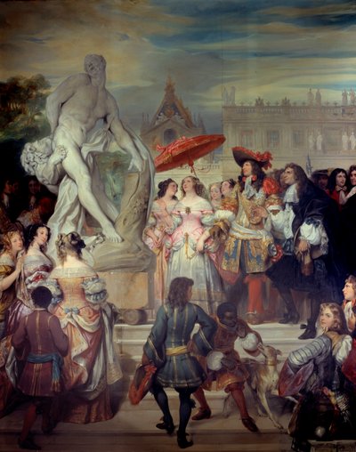 Pierre Puget (1620-1694) představuje svou sochu Milona z Crotone Ludvíku XIV. (1638-1715) v zahradách zámku ve Versailles. Obraz Eugene Deveria (1808-1865) od Eugene Deveria