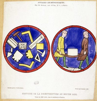 Historie stavebnictví ve středověku: Fac imitace vitráží ze 13. století v Cathedrale de Chartres - Kresba Eugena Viollet-le-Duc (Viollet le Duc) (1814-1879) s několika makonickými symboly. od Eugene Emmanuel (after) Viollet le Duc