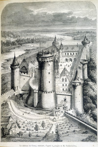 Le chateau de Coucy, restaurováno - rytina ze skici// Eugena Viollet-le-Duca (Viollet le Duc) (1814-1879) - „“Le Monde illustrious””” z 8.5.1858. od Eugene Emmanuel (after) Viollet le Duc