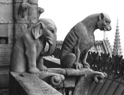 Chrliče slonů a lvů z balustrády Grande Galerie západního průčelí, replika originálu z 12. století (kámen) (čb foto) od Eugene Emmanuel Viollet le Duc