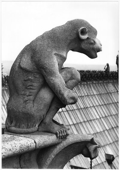 Opičí chrlič, z balustrády Grande Galerie západního průčelí, replika originálu z 12. století (kámen) (čb foto) od Eugene Emmanuel Viollet le Duc