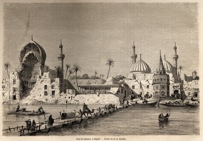 Lodní most v Bagdádu, kresba Eugena Flandina (1809-1876), ilustrující jeho cestu do Mezopotámie v letech 1840-1842. Rytina v “”Le tour du monde”” 1861. Selva sbírka. od Eugene Flandin