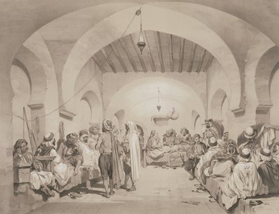 Cafe du Divan, Alžír, ze svazku připomínajícího francouzské expediční síly, které dobyly Alžír v roce 1830, vyryl Adolphe Jean-Baptiste Bayot (1810-66) od Eugene Flandin