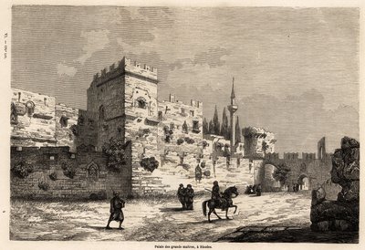 Palác velkých mistrů na Rhodosu, kresba Eugena Flandina, k ilustraci jeho cesty na ostrov Rhodos v roce 1844. Rytina „“ Le tour du monde“, editoval Edouard Charton od Eugene Flandin