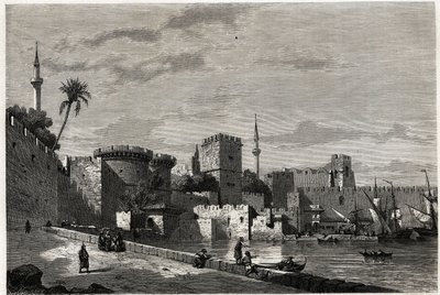 Pohled na přístav Rhodos a bránu Aubusson, kresba Eugena Flandina, k ilustraci jeho cesty na ostrov Rhodos v roce 1844. Rytina „“Le tour du monde“, editoval Edouard Charton od Eugene Flandin