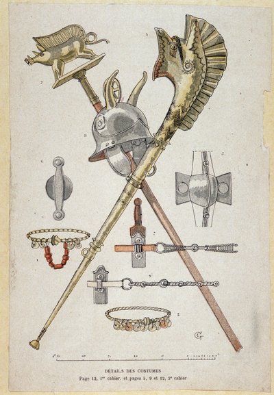 Doplňky galského válečníka: prapor zdobící výuku sagliera, helmu a válečný roh (carnyx) – v „“Ilustrativních učitelských cahierech, válečných kostýmech doby bronzové a galské doby““, ed. Grasset od Eugene Grasset
