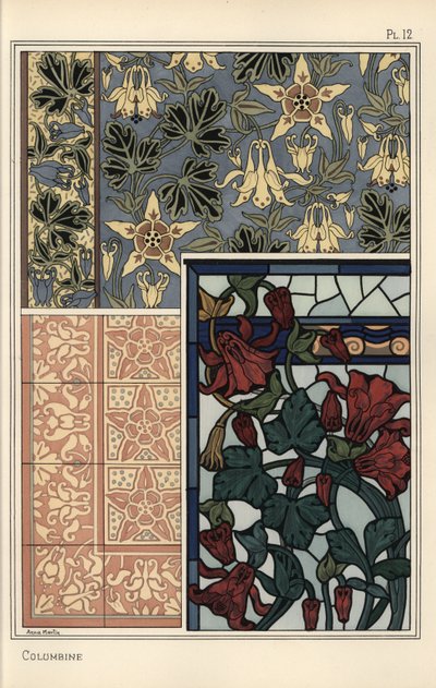 Columbine, Aquilegia vulgaris, květinové vzory pro tapety, vitráže a dlaždice od Eugene Grasset