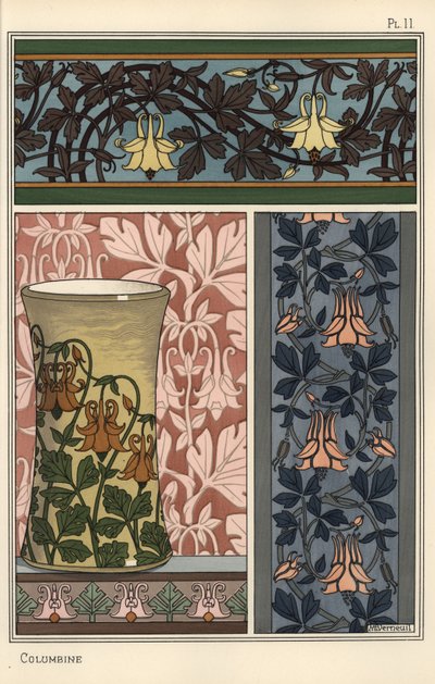 Columbine květina, Aquilegia vulgaris, ve vzorech pro tapety, látky a vázy od Eugene Grasset