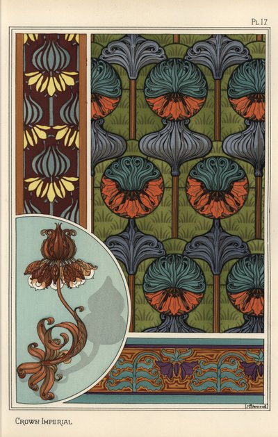 Císařská koruna, Fritillaria imperialis, ve vzorech tapet a látek a jako design pro lampu z tepaného železa od Eugene Grasset