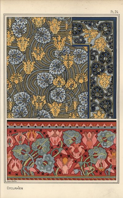 Rostlina Cyclamen persicum jako motiv v návrzích na tapisérie, látky a tapety. Litografie Anny Martinové od Eugene Grasset