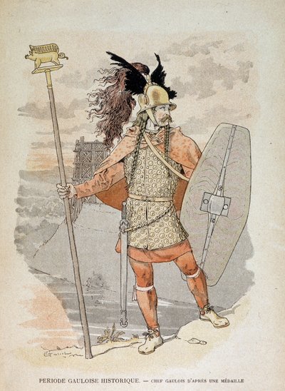 Galský vůdce (po medaili): držící „“prapor““““ dekoraci kance učí – v „“Ilustrativní učitelé Cahiers, válečné kostýmy doby bronzové a doby galské““, ed Grasset od Eugene Grasset