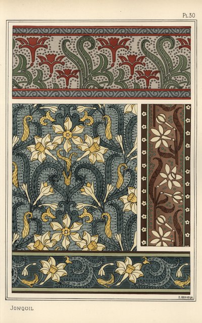 Jonquil, Narcissus jonquilla, jako designový motiv v tapetách a vzorech látek od Eugene Grasset