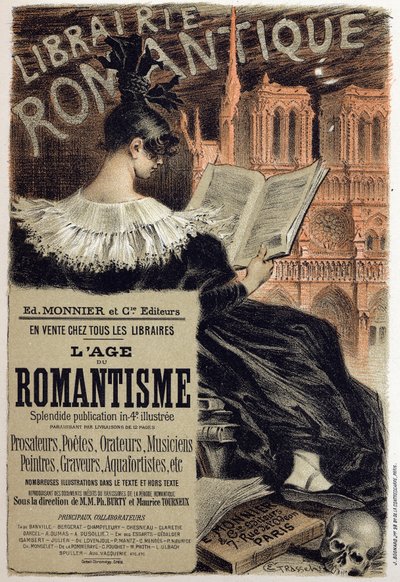 Literatura. Librairie romantique (Romantické knihkupectví.) Plakát Eugena Grasseta pro editora Monniera, Francie, kolem roku 1890 Sb. Část. (plakát) od Eugene Grasset