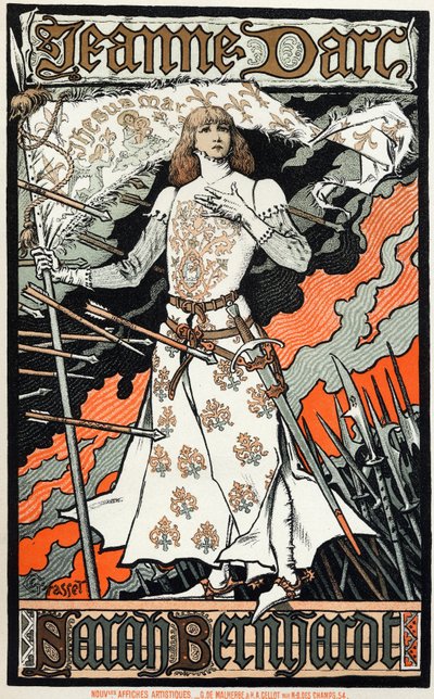 Literatura. Divadlo. Johanka z Arku, hra Charlese Peguye. Plakát Eugene Grasset představující Sarah Bernhardt, Francie od Eugene Grasset