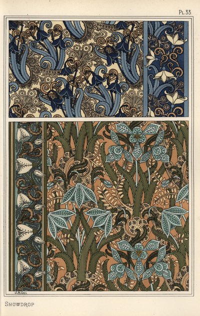 Sněženka, Galanthus nivalis, jako motiv v tapetách, bordurách a látkách od Eugene Grasset