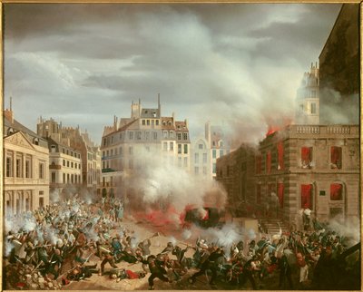 Revoluce 1848: „“ Požár náměstí s vodárenskou věží královského paláce 24. února 1848“. Obraz Eugena Hagnauera od Eugene Hagnauer