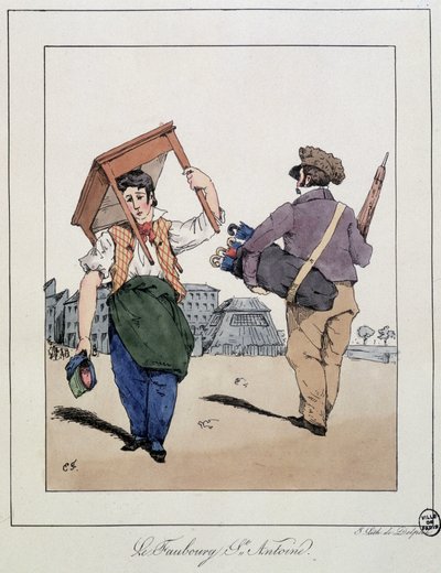 Le faubourg St Antoine: opravář nábytku a obchodník s vycházkovými deštníky – v „“Souvenirs d’un loâneur”” od Eugène Forest, ed. Delpech, Paříž, kolem roku 1830 od Eugene Hippolyte Forest