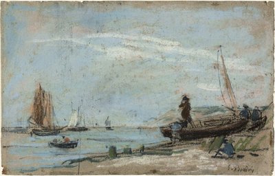 Pláž s rybářskými čluny a dřevěným uhlím od Eugene Louis Boudin