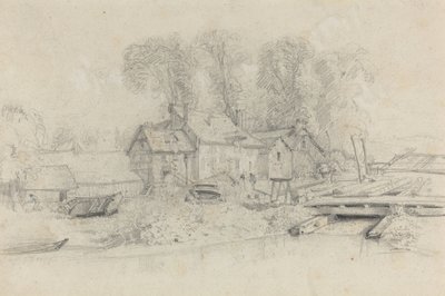 Říční krajina s budovami, čluny a postavami, c. 1858. od Eugene Louis Boudin