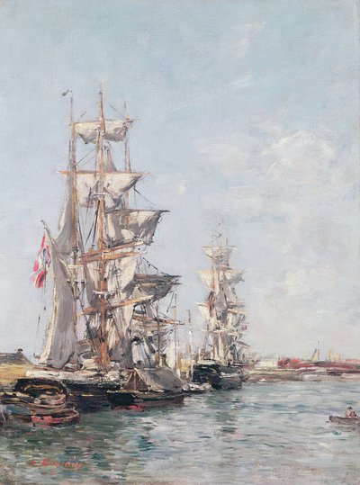 Třístěžňové čluny na nábřeží v Deauville Harbour, c.1888-89 od Eugene Louis Boudin