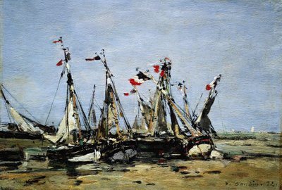 Trouville (Francie), čekání na příliv, rybářské lodě na pláži, vyzdobené francouzskými vlajkami, připomínající Francouzskou revoluci 1789 od Eugene Louis Boudin