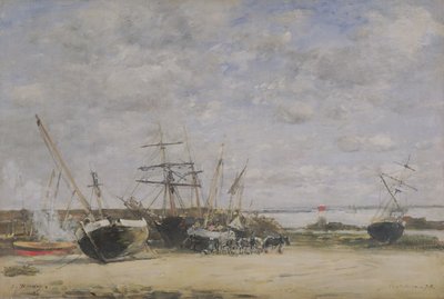 Plavidla a koně na pobřeží od Eugene Louis Boudin