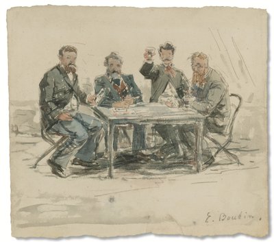 Na farmě Saint-Siméon (Jongkind, Émile van Marcke, Claude Monet a „otec Achard“), c. 1867 (akvarel a tužka na papíře) od Eugene Louis Boudin