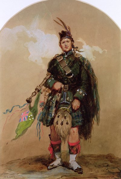 Piper of the 79th Highlanders v Chobham Camp v roce 1853 od Eugene Louis Lami
