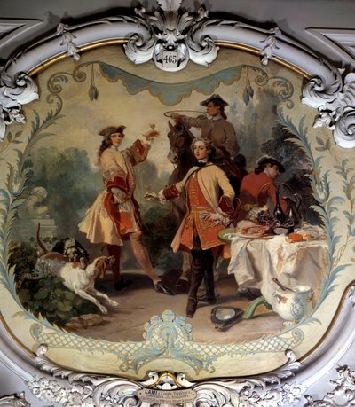 Lovecký oběd v 18. století Obraz Eugene Louis Lami (1800-1890) Chantilly z 19. století, Musee Conde od Eugene Louis Lami