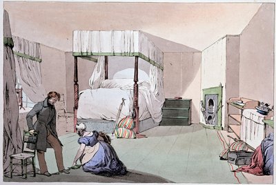 Gasthaus: Ein Diener hilft einem Kunden beim Anziehen der Schuhe. Illustration von Eugene Louis Lami (1800-1890), Mitte des 19. Jahrhunderts von Eugene Louis Lami