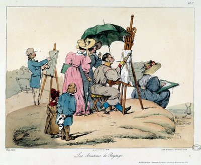 Milovníci krajiny. Prezentovaní malíři se přeskupují, aby malovali přímořskou krajinu. Ilustrace knihy la vie de chateau od Eugene Louis Lami